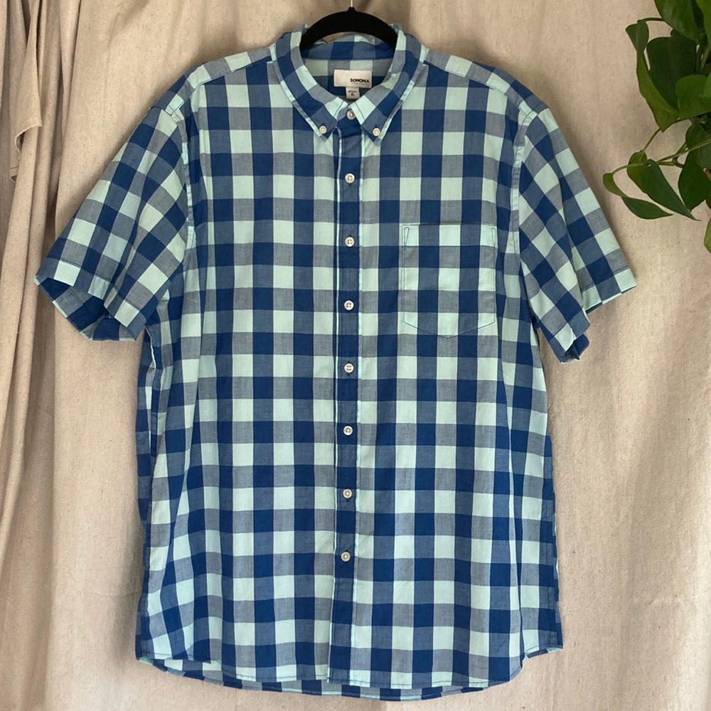 Sonoma XL Blue Checkered Short Sleeve Button Down